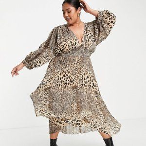 ASOS DESIGN Curve pleated batwing midi dress in natural animal print